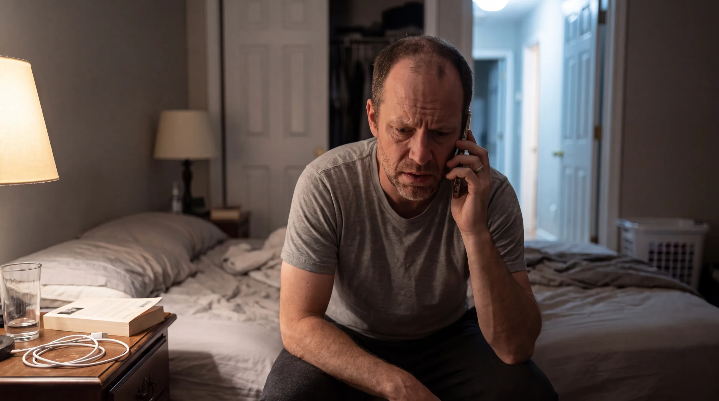 A man sitting on the edge of his bed at night, on the phone