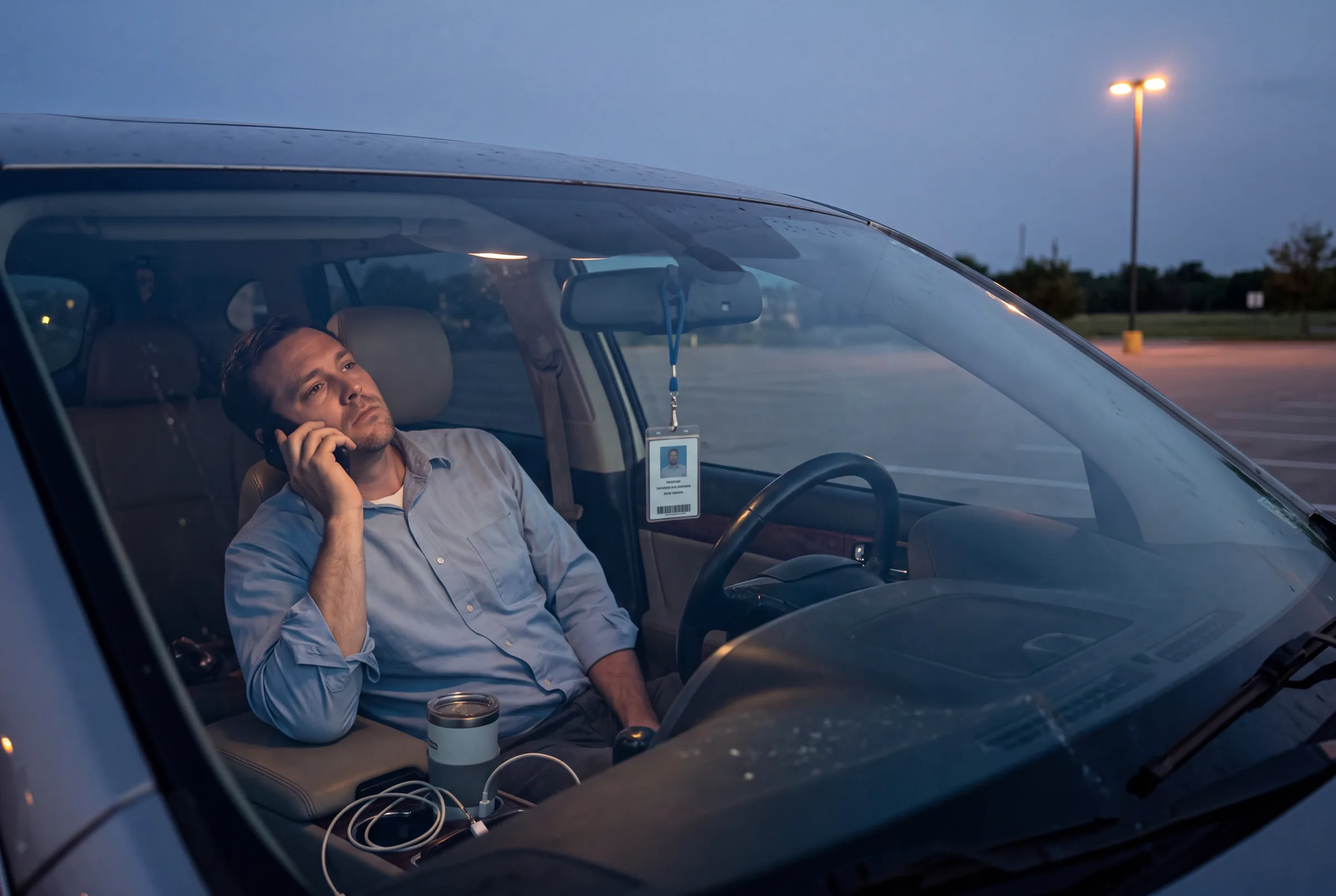 A man sitting in his parked car at dusk, on the phone